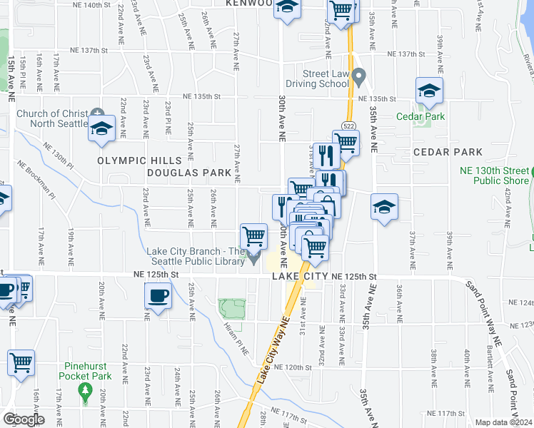 map of restaurants, bars, coffee shops, grocery stores, and more near 12745 28th Avenue Northeast in Seattle