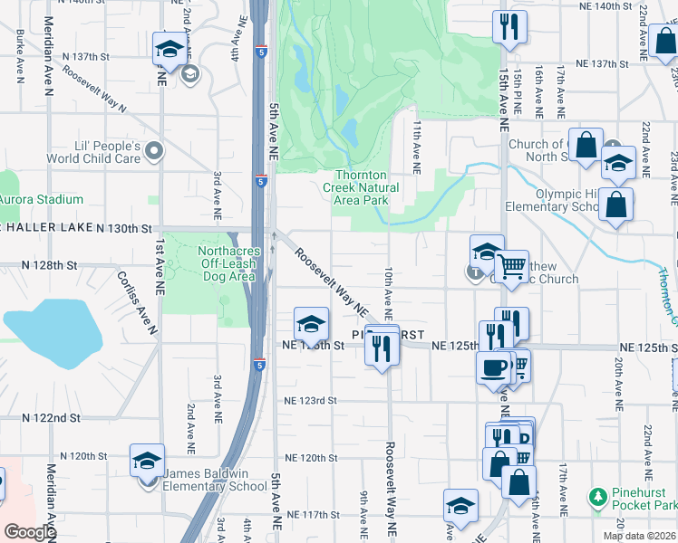 map of restaurants, bars, coffee shops, grocery stores, and more near 804 Northeast 128th Street in Seattle