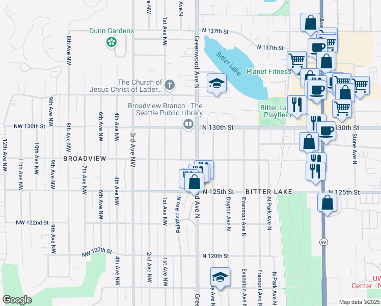 map of restaurants, bars, coffee shops, grocery stores, and more near 12738 Palatine Avenue North in Seattle
