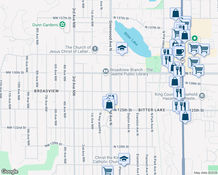 map of restaurants, bars, coffee shops, grocery stores, and more near 12738 Palatine Avenue North in Seattle