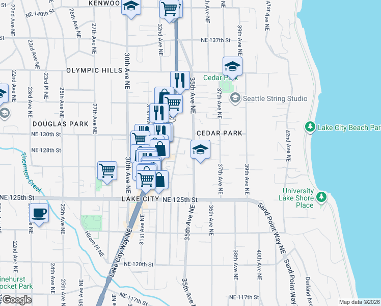 map of restaurants, bars, coffee shops, grocery stores, and more near 12721 35th Avenue Northeast in Seattle