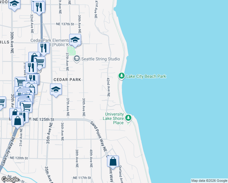 map of restaurants, bars, coffee shops, grocery stores, and more near 12748 Riviera Place Northeast in Seattle
