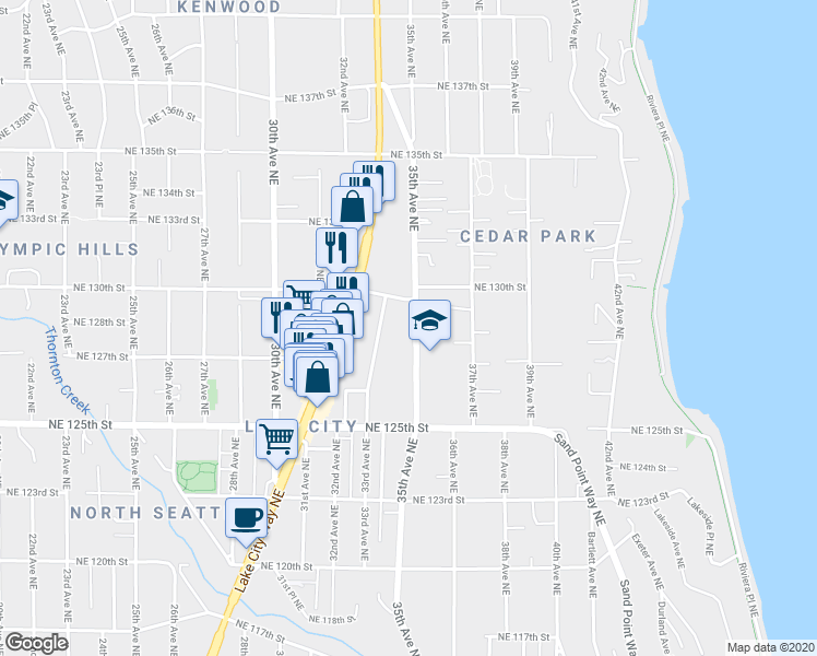 map of restaurants, bars, coffee shops, grocery stores, and more near 12744 35th Avenue Northeast in Seattle