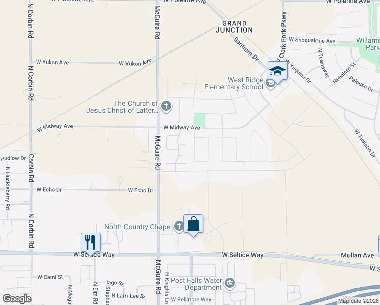 map of restaurants, bars, coffee shops, grocery stores, and more near 1509 North Chetco Drive in Post Falls