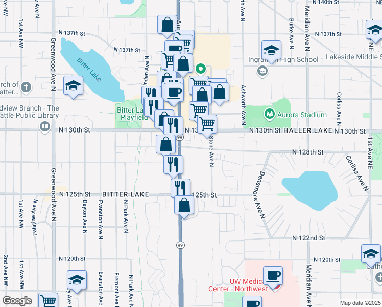 map of restaurants, bars, coffee shops, grocery stores, and more near in Seattle