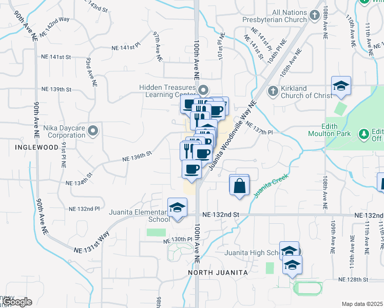 map of restaurants, bars, coffee shops, grocery stores, and more near 13603 100th Avenue Northeast in Kirkland