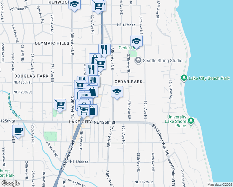 map of restaurants, bars, coffee shops, grocery stores, and more near 12744 35th Avenue Northeast in Seattle