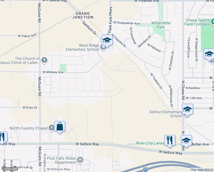 map of restaurants, bars, coffee shops, grocery stores, and more near North Clark Fork Parkway in Post Falls