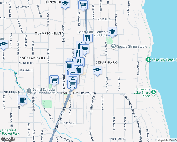 map of restaurants, bars, coffee shops, grocery stores, and more near 12736 33rd Avenue Northeast in Seattle