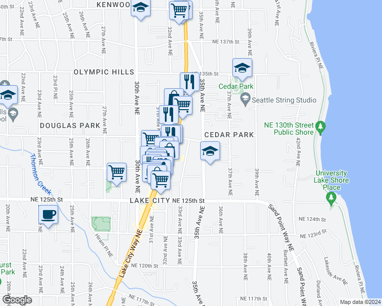 map of restaurants, bars, coffee shops, grocery stores, and more near 12736 33rd Avenue Northeast in Seattle