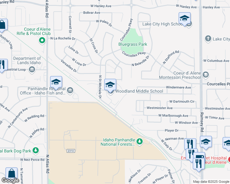 map of restaurants, bars, coffee shops, grocery stores, and more near 2101 Saint Michelle Drive in Coeur d'Alene