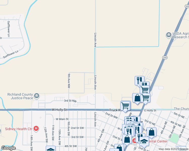 map of restaurants, bars, coffee shops, grocery stores, and more near in Sidney