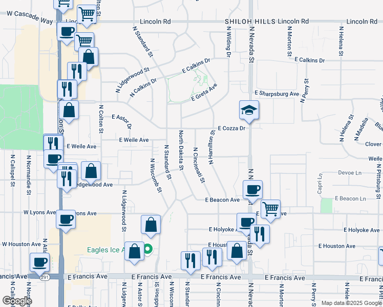 map of restaurants, bars, coffee shops, grocery stores, and more near 7108 North Dakota Street in Spokane