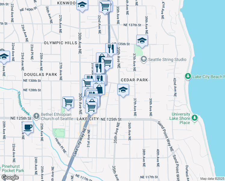 map of restaurants, bars, coffee shops, grocery stores, and more near 12736 33rd Avenue Northeast in Seattle