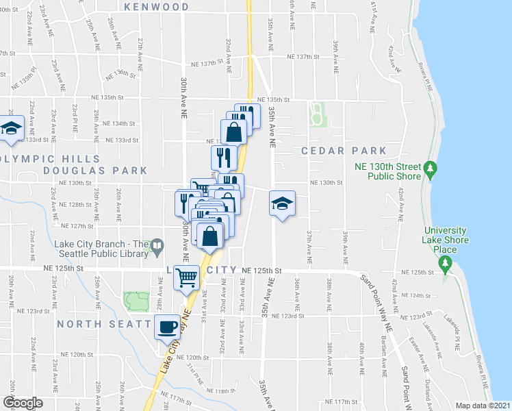map of restaurants, bars, coffee shops, grocery stores, and more near 12736 33rd Avenue Northeast in Seattle