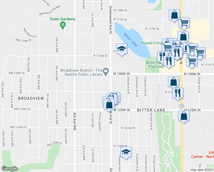 map of restaurants, bars, coffee shops, grocery stores, and more near 12719 Greenwood Avenue North in Seattle