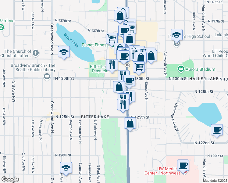 map of restaurants, bars, coffee shops, grocery stores, and more near 914 North 128th Street in Seattle