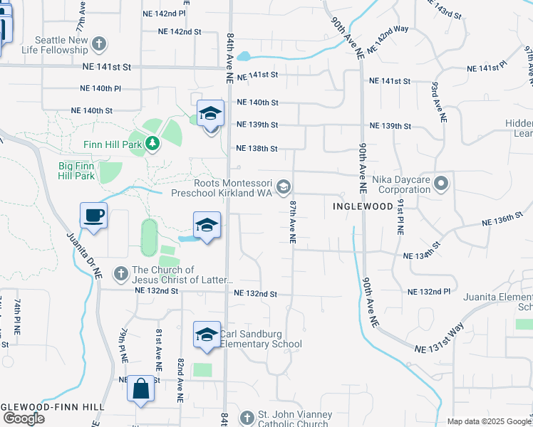 map of restaurants, bars, coffee shops, grocery stores, and more near 8535 Northeast 136th Street in Kirkland