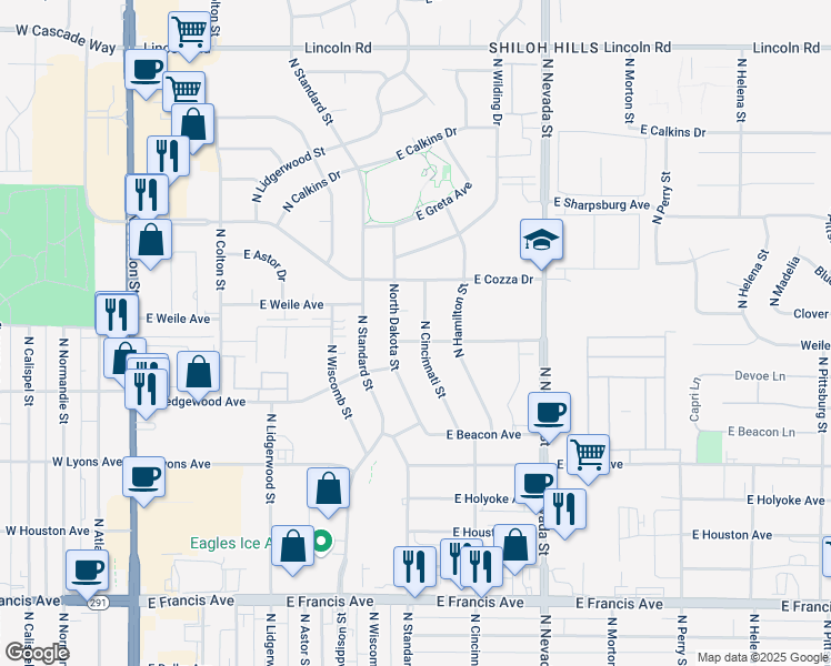 map of restaurants, bars, coffee shops, grocery stores, and more near 7108 North Dakota Street in Spokane