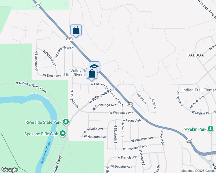 map of restaurants, bars, coffee shops, grocery stores, and more near 5402 West Old Fort Drive in Spokane