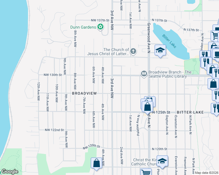 map of restaurants, bars, coffee shops, grocery stores, and more near 12743 3rd Avenue Northwest in Seattle