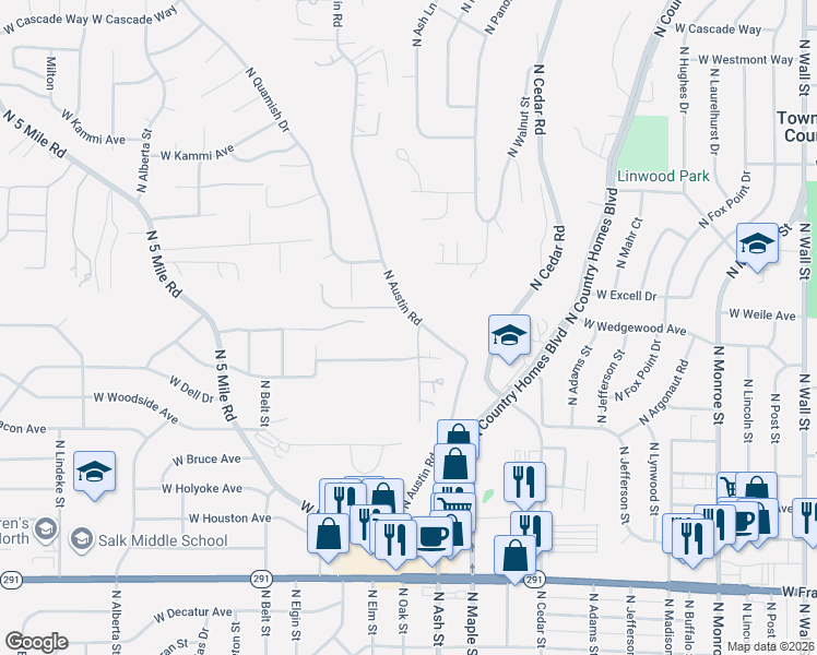 map of restaurants, bars, coffee shops, grocery stores, and more near 7099 North Austin Road in Spokane