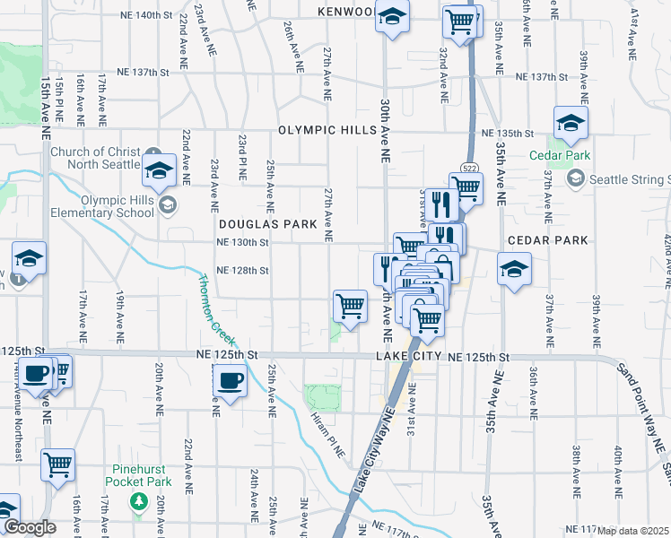 map of restaurants, bars, coffee shops, grocery stores, and more near 12753 27th Avenue Northeast in Seattle
