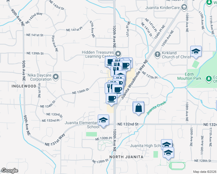 map of restaurants, bars, coffee shops, grocery stores, and more near 13603 100th Avenue Northeast in Kirkland