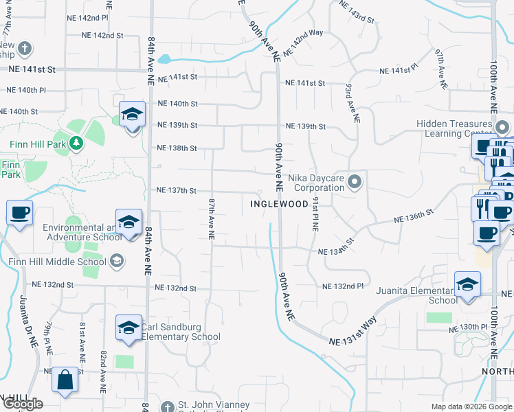 map of restaurants, bars, coffee shops, grocery stores, and more near 8817 Northeast 137th Street in Kirkland