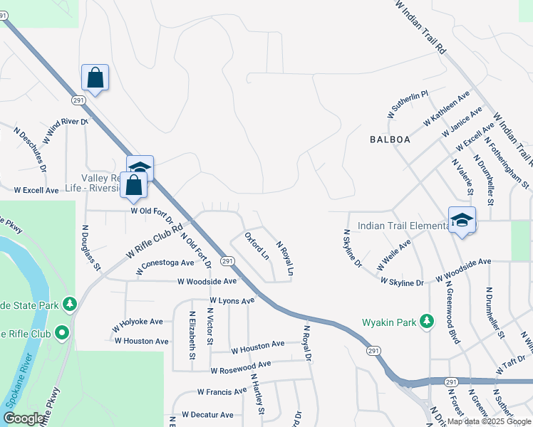 map of restaurants, bars, coffee shops, grocery stores, and more near 6918 North Royal Lane in Spokane