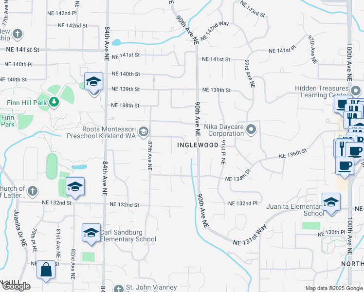 map of restaurants, bars, coffee shops, grocery stores, and more near 8817 Northeast 137th Street in Kirkland