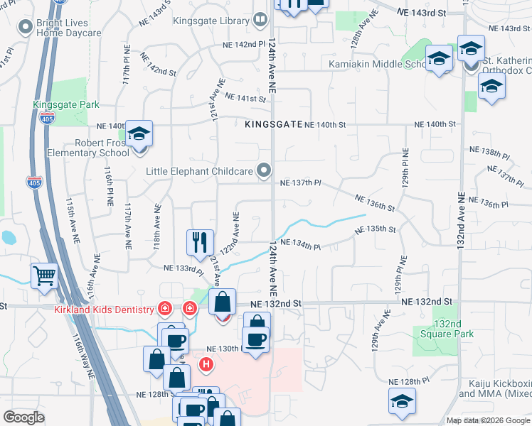 map of restaurants, bars, coffee shops, grocery stores, and more near 12227 Northeast 136th Place in Kirkland