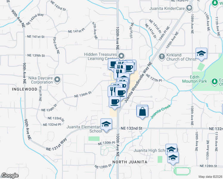 map of restaurants, bars, coffee shops, grocery stores, and more near 13603 100th Avenue Northeast in Kirkland