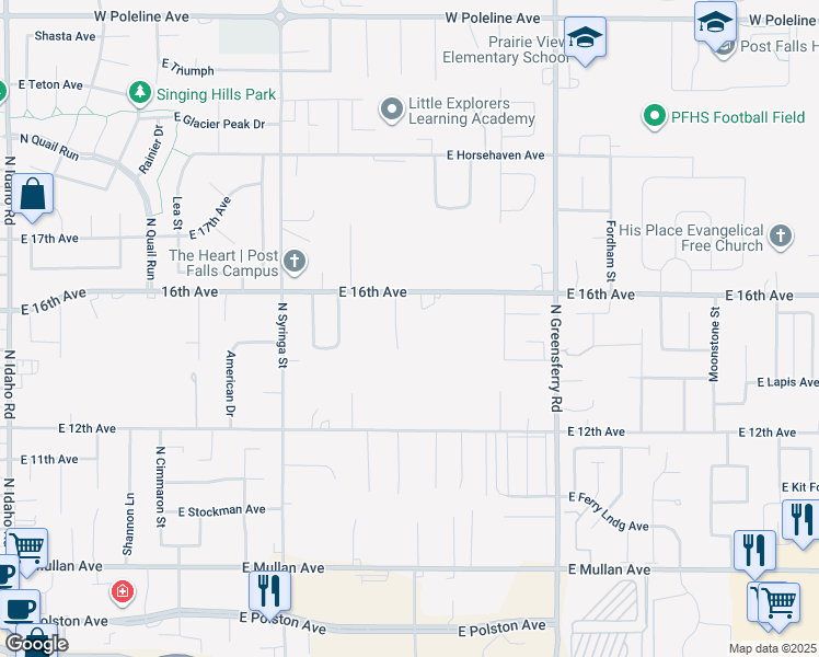 map of restaurants, bars, coffee shops, grocery stores, and more near 1734 East 16th Avenue in Post Falls