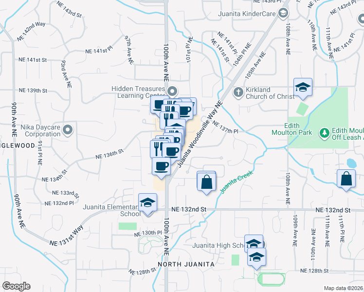 map of restaurants, bars, coffee shops, grocery stores, and more near 13530 Juanita Woodinville Way Northeast in Kirkland