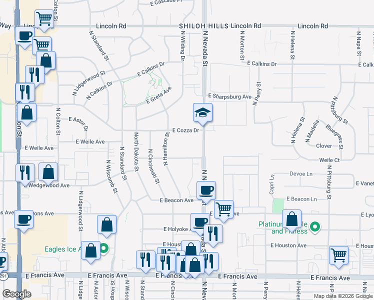 map of restaurants, bars, coffee shops, grocery stores, and more near 823 East Sitka Avenue in Spokane