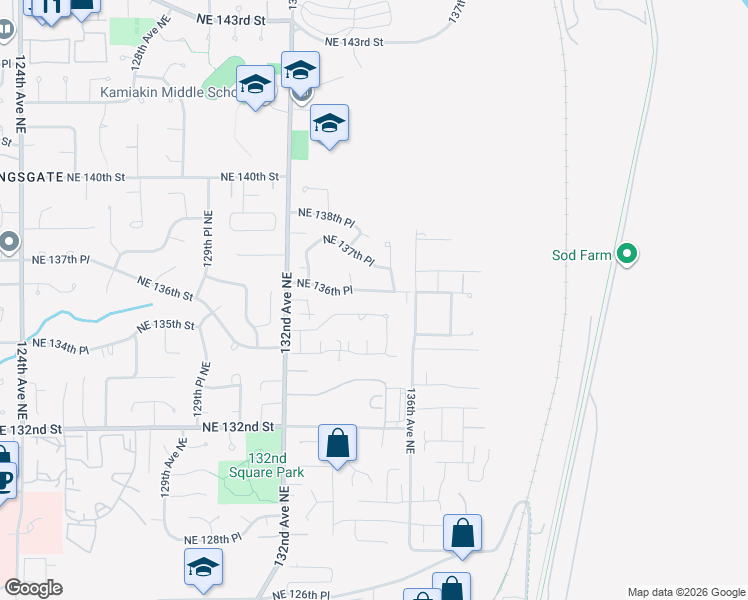 map of restaurants, bars, coffee shops, grocery stores, and more near 13429 Northeast 136th Place in Kirkland