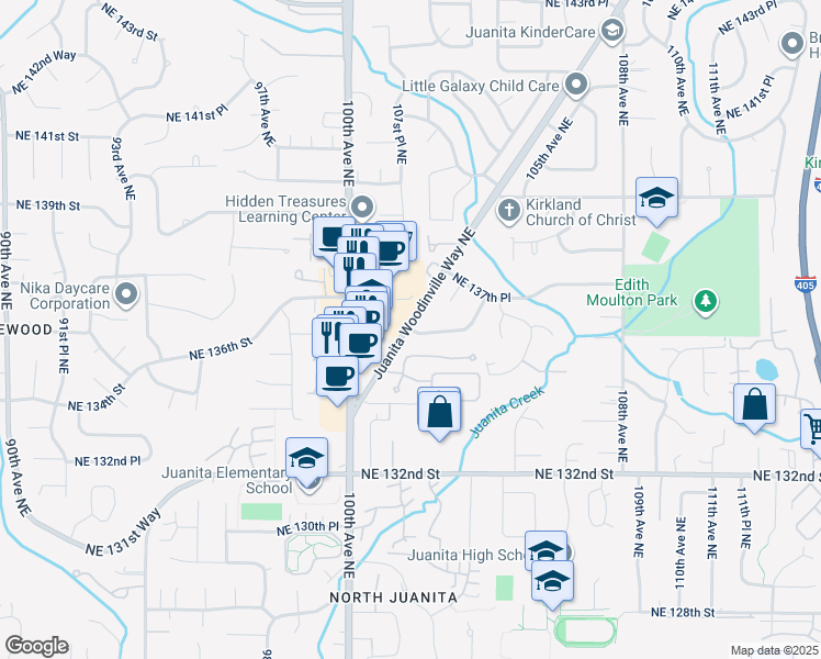 map of restaurants, bars, coffee shops, grocery stores, and more near 13612 Juanita Woodinville Way Northeast in Kirkland