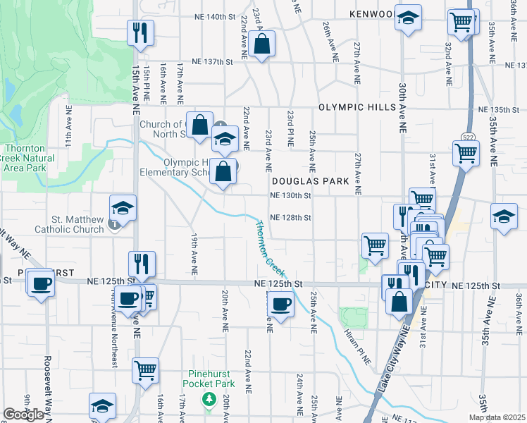 map of restaurants, bars, coffee shops, grocery stores, and more near 2247 Northeast 130th Street in Seattle