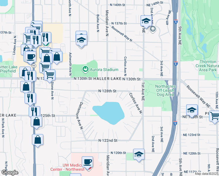 map of restaurants, bars, coffee shops, grocery stores, and more near 12826 Meridian Avenue North in Seattle