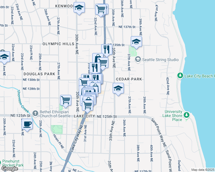 map of restaurants, bars, coffee shops, grocery stores, and more near 12736 33rd Avenue Northeast in Seattle