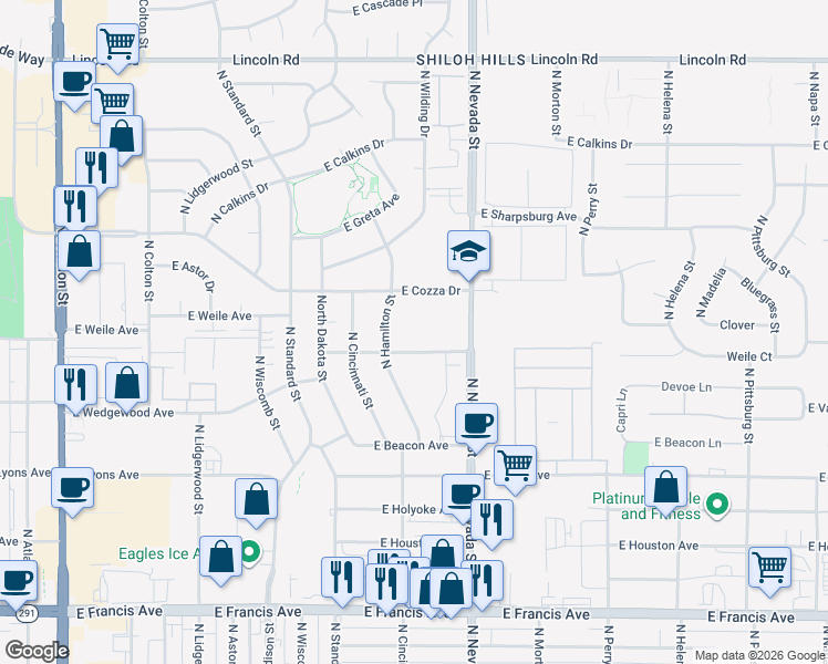 map of restaurants, bars, coffee shops, grocery stores, and more near 823 East Sitka Avenue in Spokane