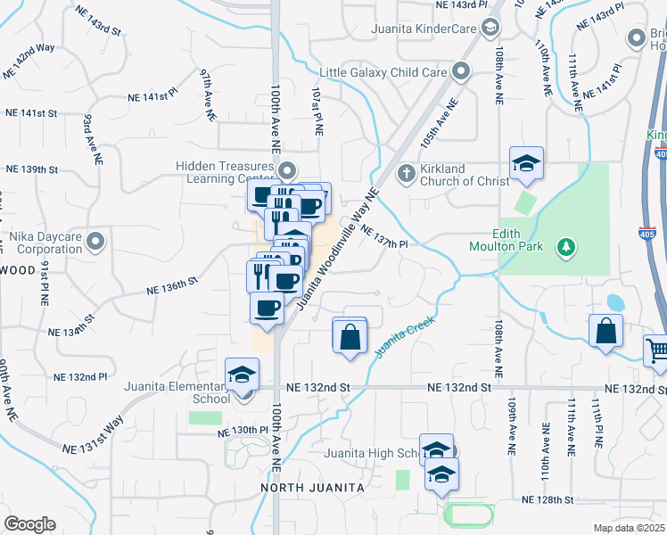 map of restaurants, bars, coffee shops, grocery stores, and more near 13612 Juanita Woodinville Way Northeast in Kirkland