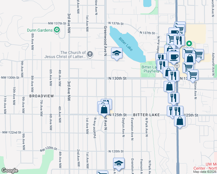 map of restaurants, bars, coffee shops, grocery stores, and more near 12726 Greenwood Avenue North in Seattle