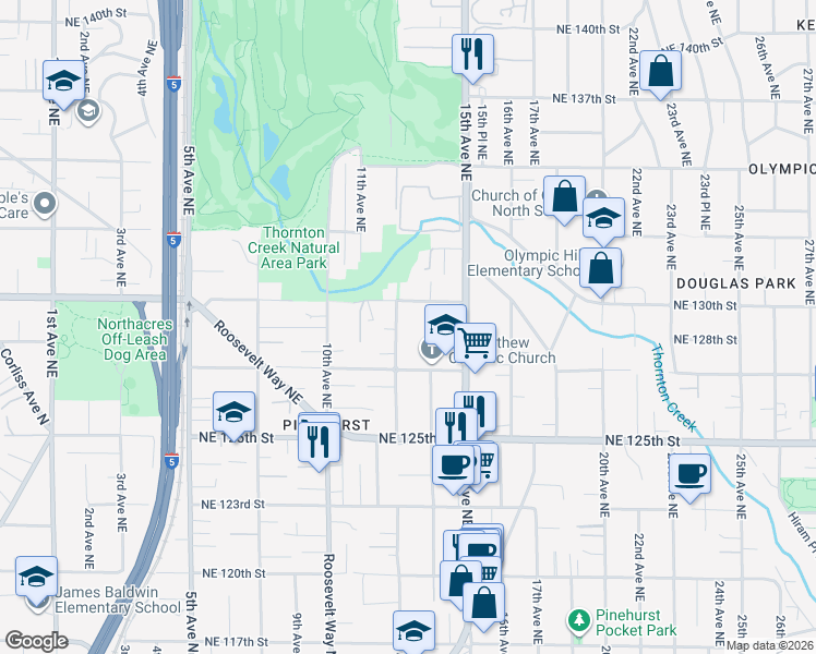 map of restaurants, bars, coffee shops, grocery stores, and more near 12738 12th Avenue Northeast in Seattle