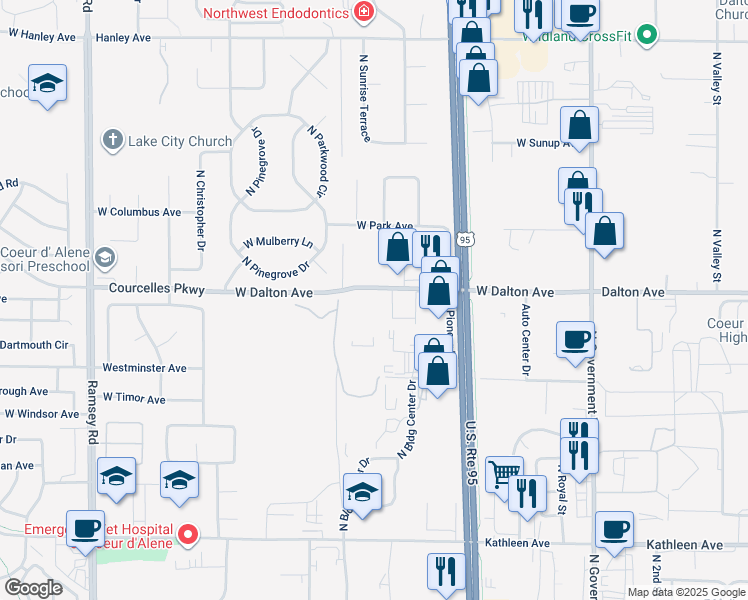 map of restaurants, bars, coffee shops, grocery stores, and more near 668 West Dalton Avenue in Coeur d'Alene