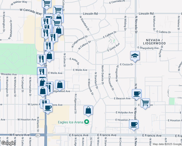 map of restaurants, bars, coffee shops, grocery stores, and more near 7106 North Wiscomb Street in Spokane
