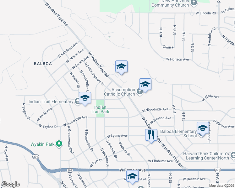 map of restaurants, bars, coffee shops, grocery stores, and more near 7118 North Fotheringham Street in Spokane
