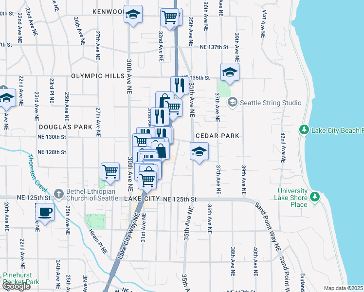 map of restaurants, bars, coffee shops, grocery stores, and more near 12736 33rd Avenue Northeast in Seattle
