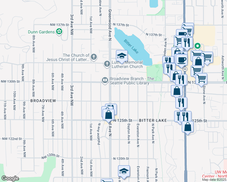 map of restaurants, bars, coffee shops, grocery stores, and more near 12726 Greenwood Avenue North in Seattle
